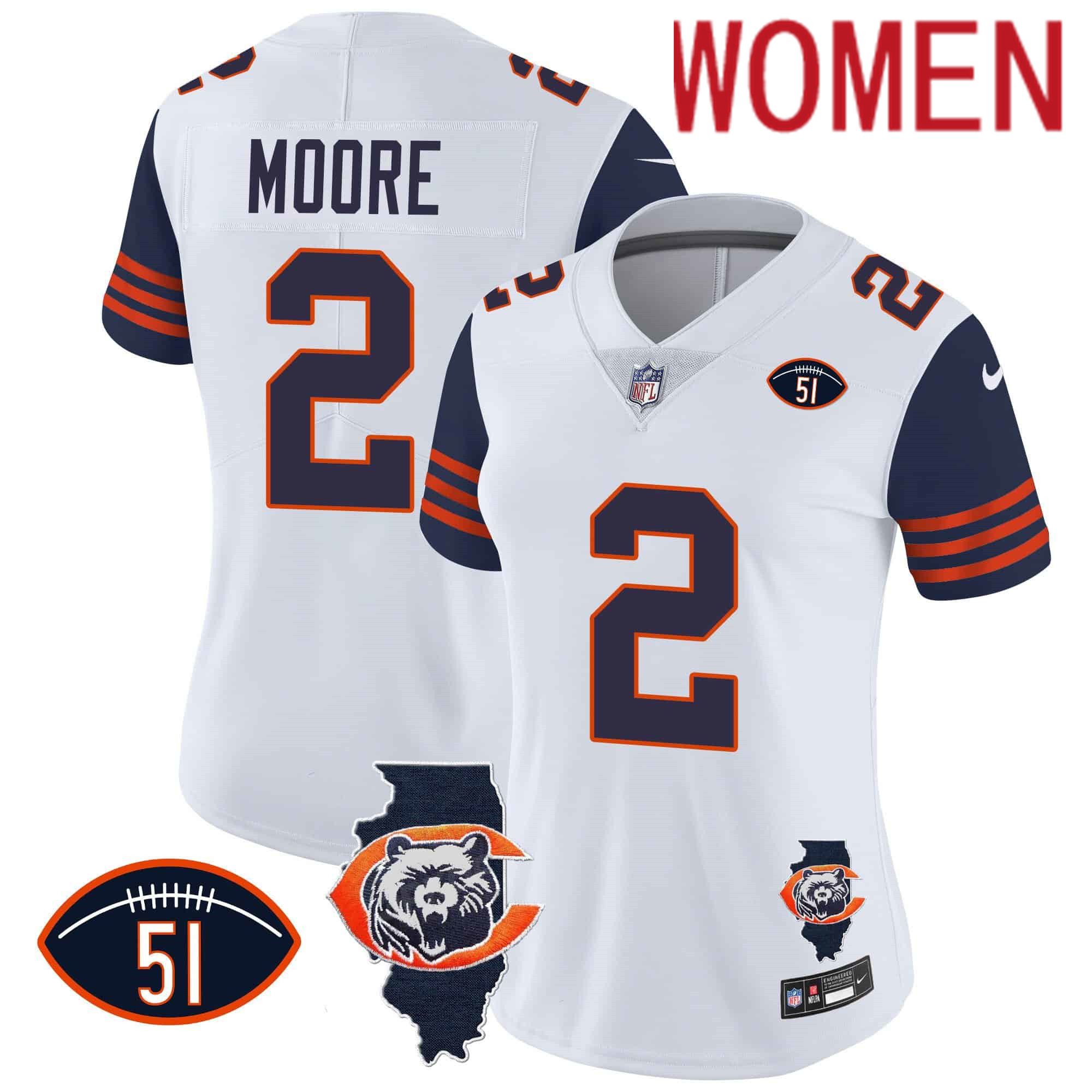 Women Chicago Bears #2 Moore White 2024 Nike Throwback Illinois Patch Vapor NFL Jersey style 1